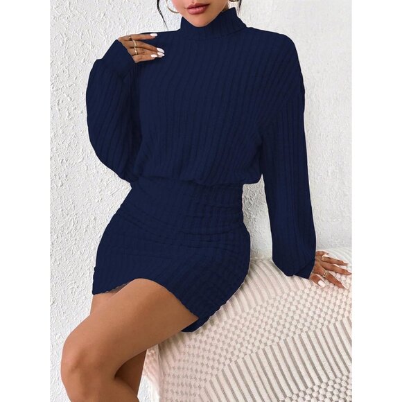 Women Ribbed Knit Sweater Dark Blue Dress Lantern Sleeve Turtleneck Mini Bodycon - Picture 4 of 5